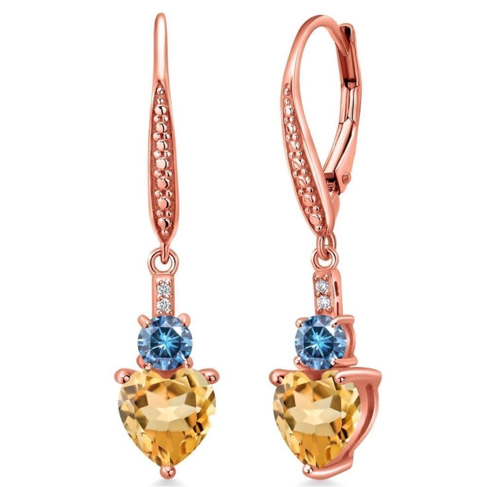 18K Rose Gold with 2.49 Cttw Citrine andโPersian Blue Moissanite Heart Earrings
